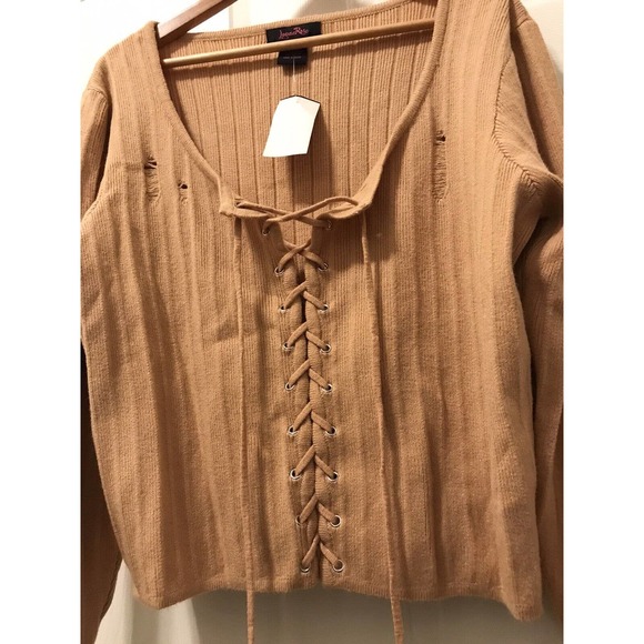 Sexy Distressed Sweater Plus 2X, Light Gold Mustard, Low Cut - Picture 3 of 16